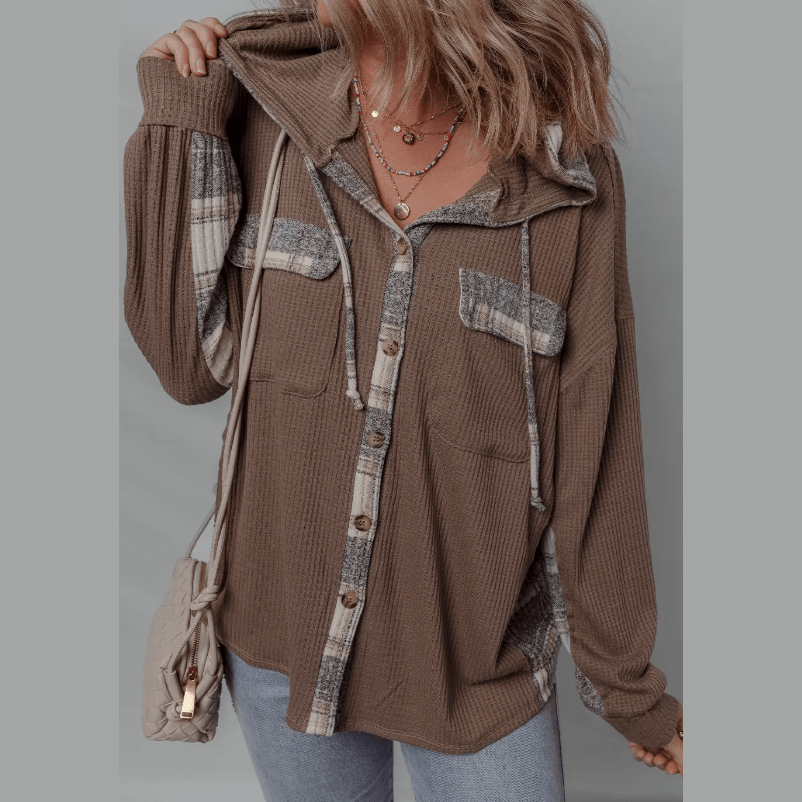 Whitney Brown Plaid Patchwork Button Down Drawstring Hooded Shacket