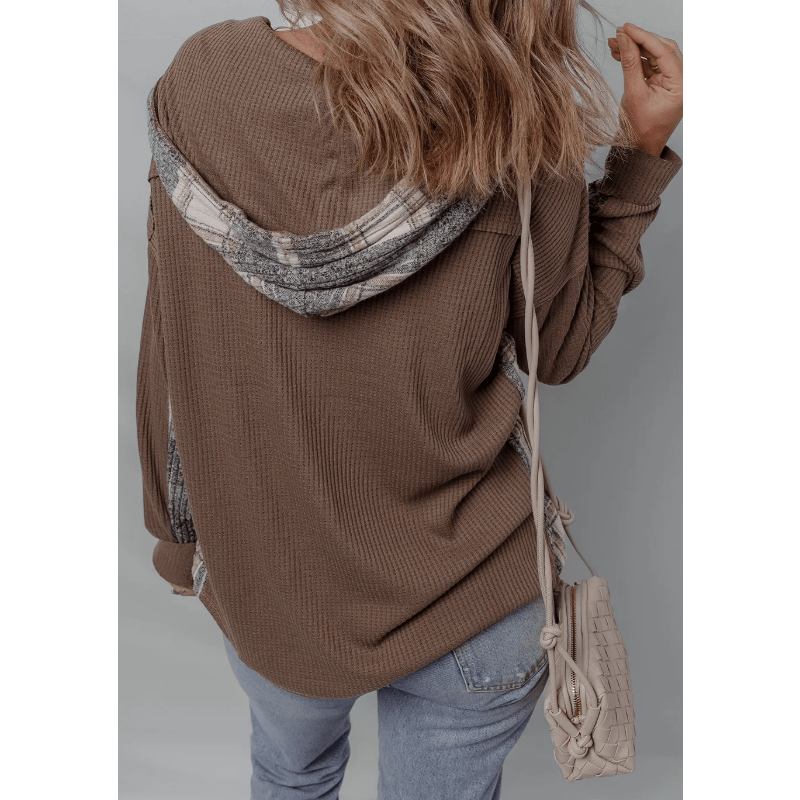 Whitney Brown Plaid Patchwork Button Down Drawstring Hooded Shacket