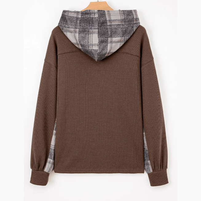 Whitney Brown Plaid Patchwork Button Down Drawstring Hooded Shacket