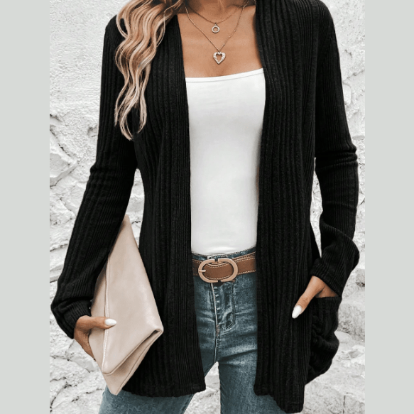 Corrin Black Ribbed Open Front Knitted Top with Pockets