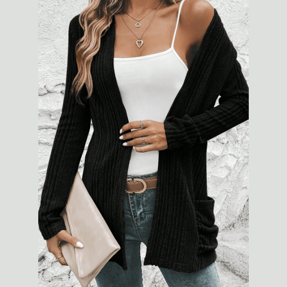 Corrin Black Ribbed Open Front Knitted Top with Pockets