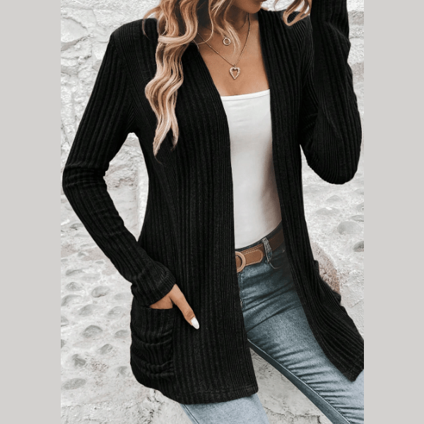 Corrin Black Ribbed Open Front Knitted Top with Pockets