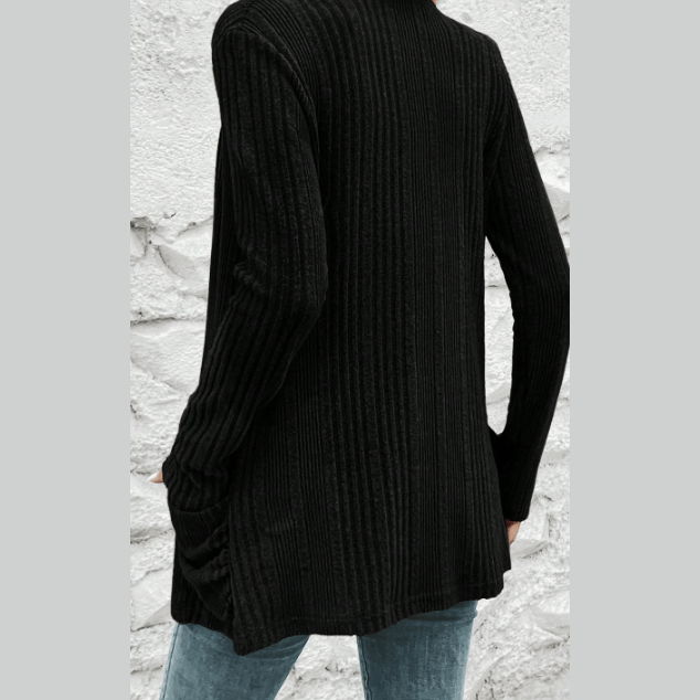 Corrin Black Ribbed Open Front Knitted Top with Pockets