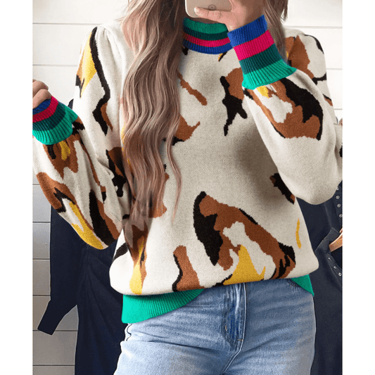 Jeren Contrast Ribbed Stripes Detail Animal Pattern Knit Sweater