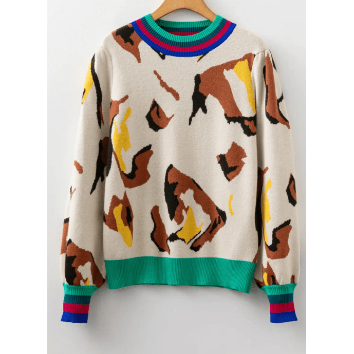 Jeren Contrast Ribbed Stripes Detail Animal Pattern Knit Sweater