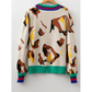 Jeren Contrast Ribbed Stripes Detail Animal Pattern Knit Sweater