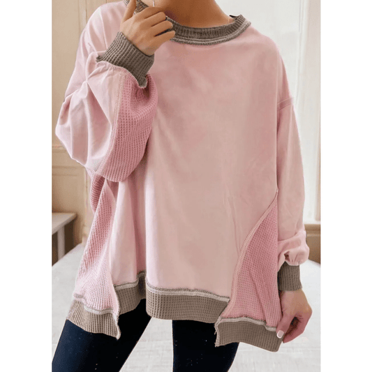 Getty Light Pink Color Block Mix Texture Waffle Patchwork Oversize Sweatshirt