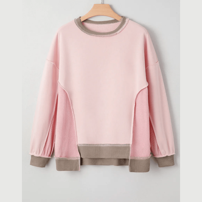 Getty Light Pink Color Block Mix Texture Waffle Patchwork Oversize Sweatshirt