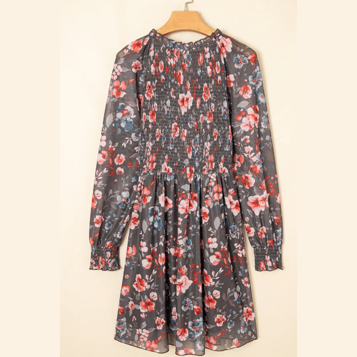 Gracy Frilly Smocked Bodice Floral Mesh Long Sleeve Mini Dress
