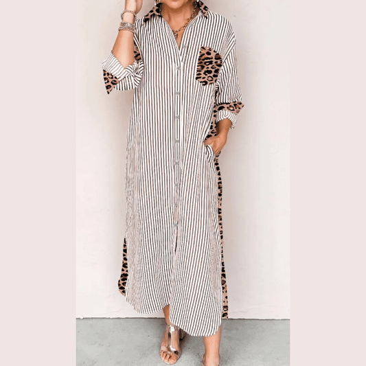Tona Brown Stripe Contrast Leopard Patchwork Long Shirt Dress with Slits