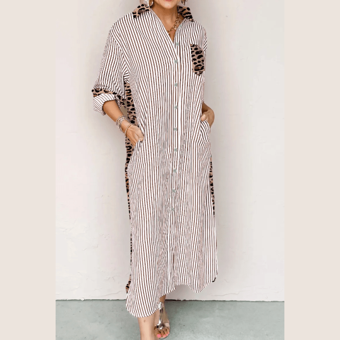 Tona Brown Stripe Contrast Leopard Patchwork Long Shirt Dress with Slits