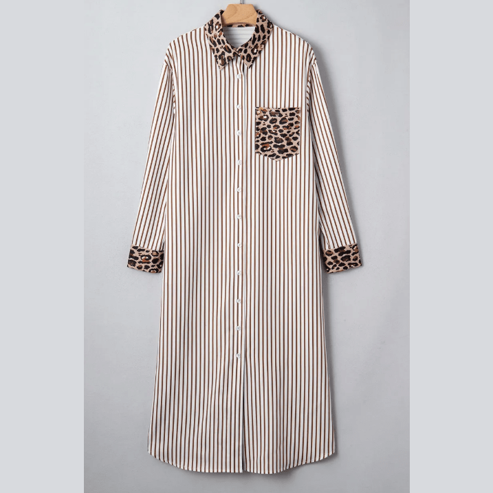 Tona Brown Stripe Contrast Leopard Patchwork Long Shirt Dress with Slits