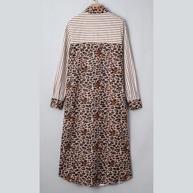 Tona Brown Stripe Contrast Leopard Patchwork Long Shirt Dress with Slits