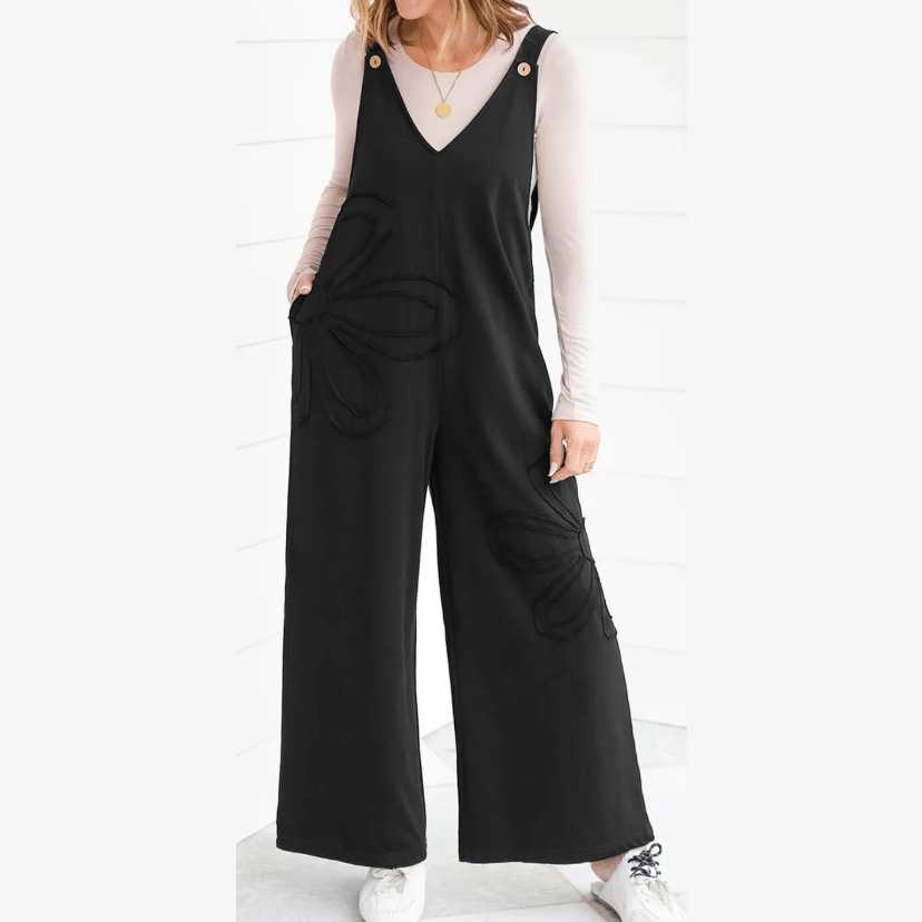 Myah Black Raw Seam Big Flower Patched Loose Overall Jumpsuit