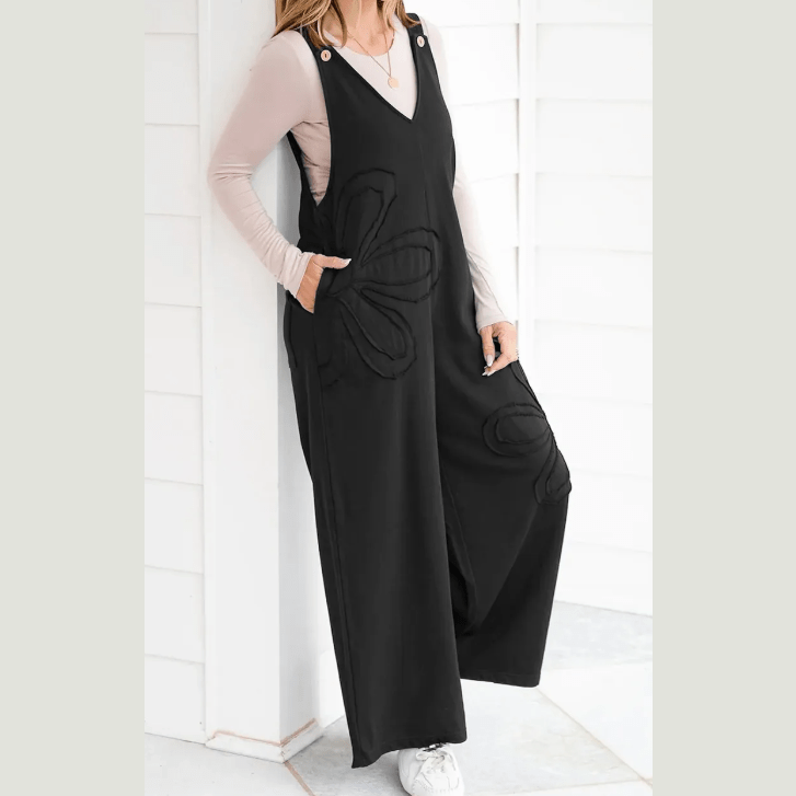 Myah Black Raw Seam Big Flower Patched Loose Overall Jumpsuit