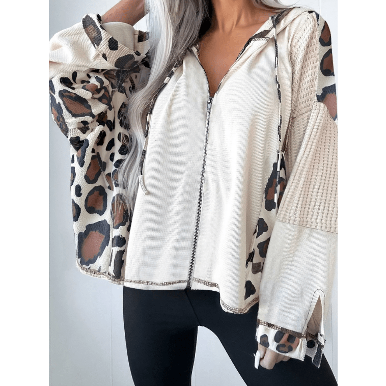 Adelyn Oversized Leopard Contrast Mixed Texture Patchwork Zip Up Drop Shoulder Hoodie
