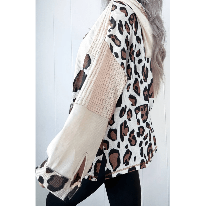 Adelyn Oversized Leopard Contrast Mixed Texture Patchwork Zip Up Drop Shoulder Hoodie
