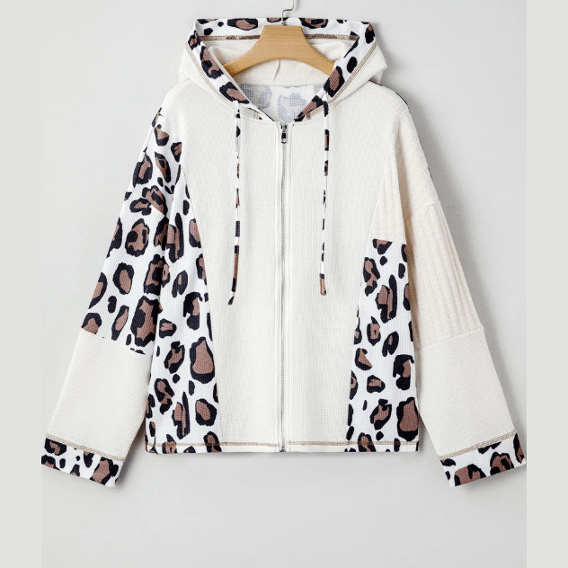 Adelyn Oversized Leopard Contrast Mixed Texture Patchwork Zip Up Drop Shoulder Hoodie
