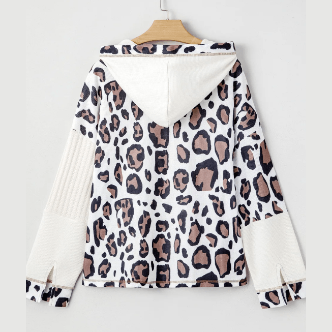 Adelyn Oversized Leopard Contrast Mixed Texture Patchwork Zip Up Drop Shoulder Hoodie