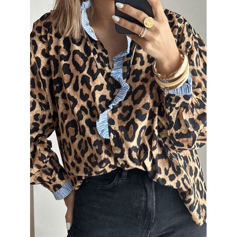 Dior Brown Wild Leopard Print Contrast Striped Frilled Trim Chic Shirt