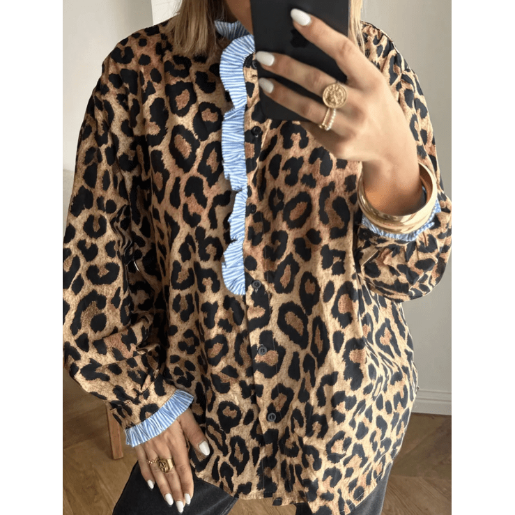 Dior Brown Wild Leopard Print Contrast Striped Frilled Trim Chic Shirt