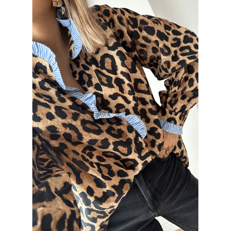 Dior Brown Wild Leopard Print Contrast Striped Frilled Trim Chic Shirt