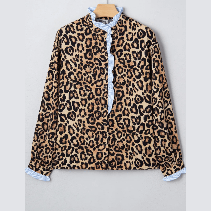 Dior Brown Wild Leopard Print Contrast Striped Frilled Trim Chic Shirt