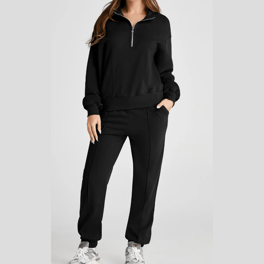Everlee Black Half Zip up Pullover Active Top and Joggers Set