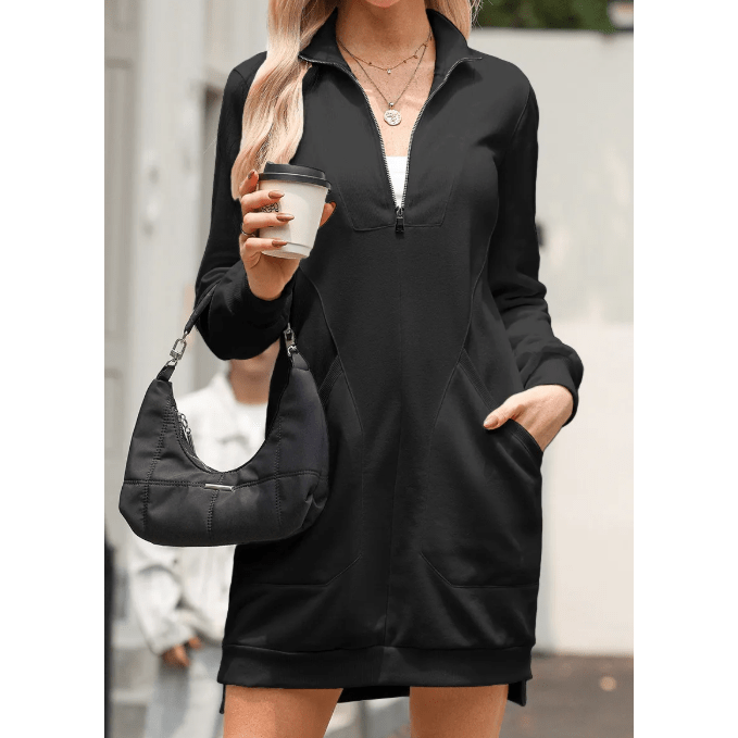 Gab Black Zip up Collared Ribbed Patchwork Sweatshirt Dress with Pockets