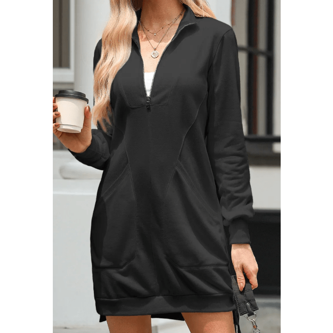 Gab Black Zip up Collared Ribbed Patchwork Sweatshirt Dress with Pockets