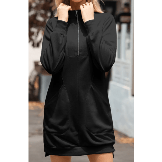 Gab Black Zip up Collared Ribbed Patchwork Sweatshirt Dress with Pockets
