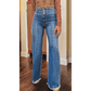 Haddie Sail Blue High Waist Button Fly Seamed Raw Hem Flare Jeans
