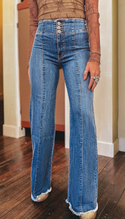 Haddie Sail Blue High Waist Button Fly Seamed Raw Hem Flare Jeans