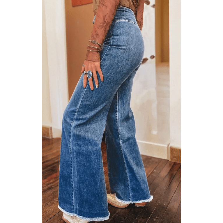 Haddie Sail Blue High Waist Button Fly Seamed Raw Hem Flare Jeans