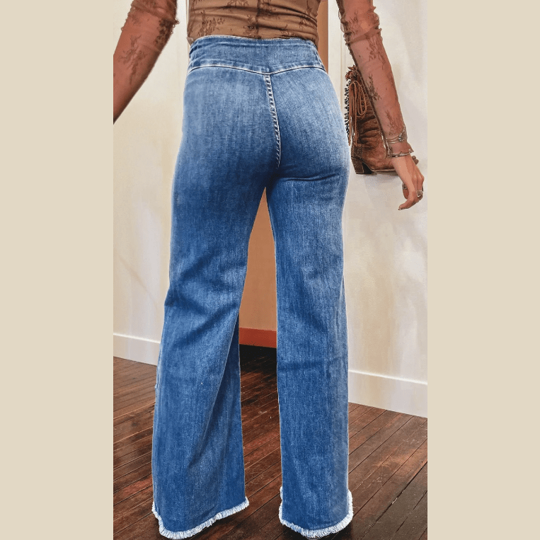 Haddie Sail Blue High Waist Button Fly Seamed Raw Hem Flare Jeans