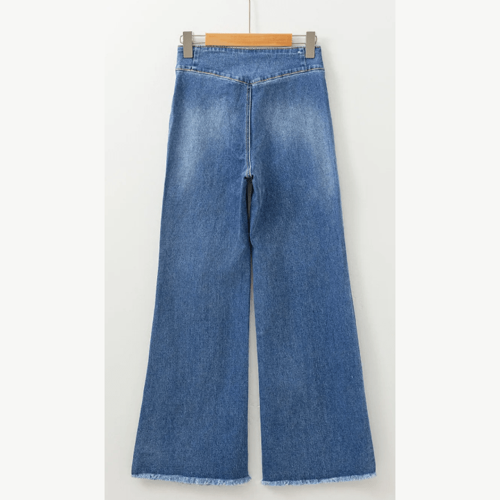 Haddie Sail Blue High Waist Button Fly Seamed Raw Hem Flare Jeans