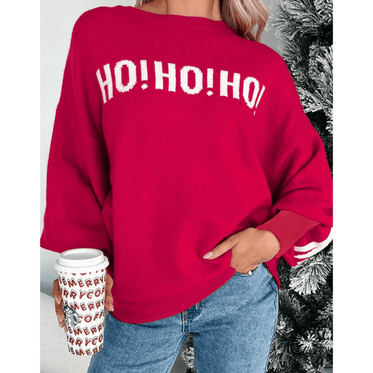 Red HO HO HO MERRY CHRISTMAS Drop Shoulder Loose Sweater