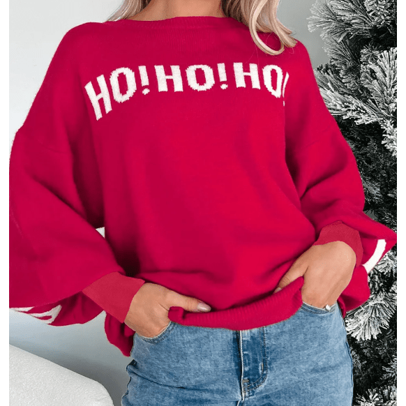 Red HO HO HO MERRY CHRISTMAS Drop Shoulder Loose Sweater