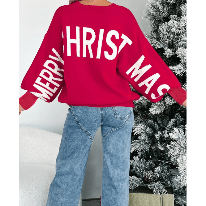 Red HO HO HO MERRY CHRISTMAS Drop Shoulder Loose Sweater