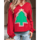 Fiery Red Plaid Frayed Double Christmas Tree Patched Drop Shoulder Sweatshirt