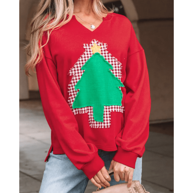 Fiery Red Plaid Frayed Double Christmas Tree Patched Drop Shoulder Sweatshirt