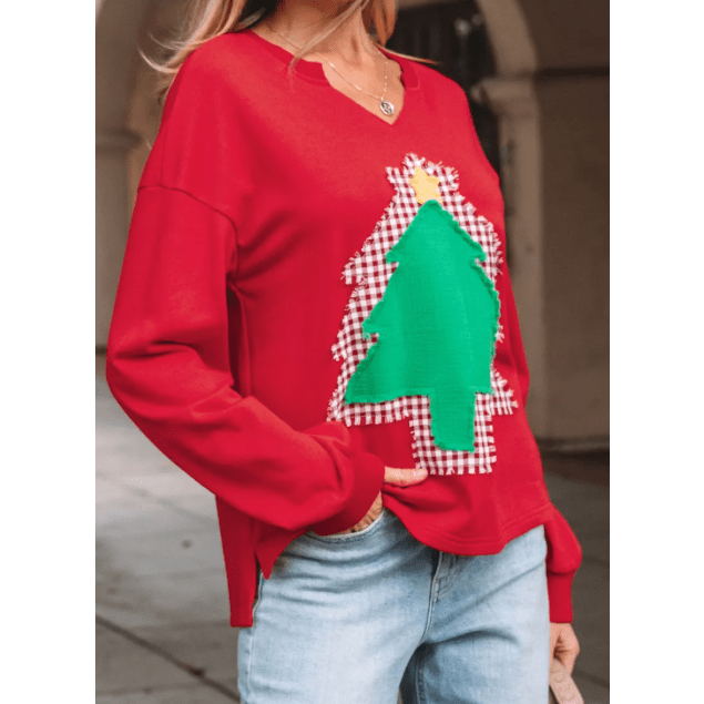 Fiery Red Plaid Frayed Double Christmas Tree Patched Drop Shoulder Sweatshirt