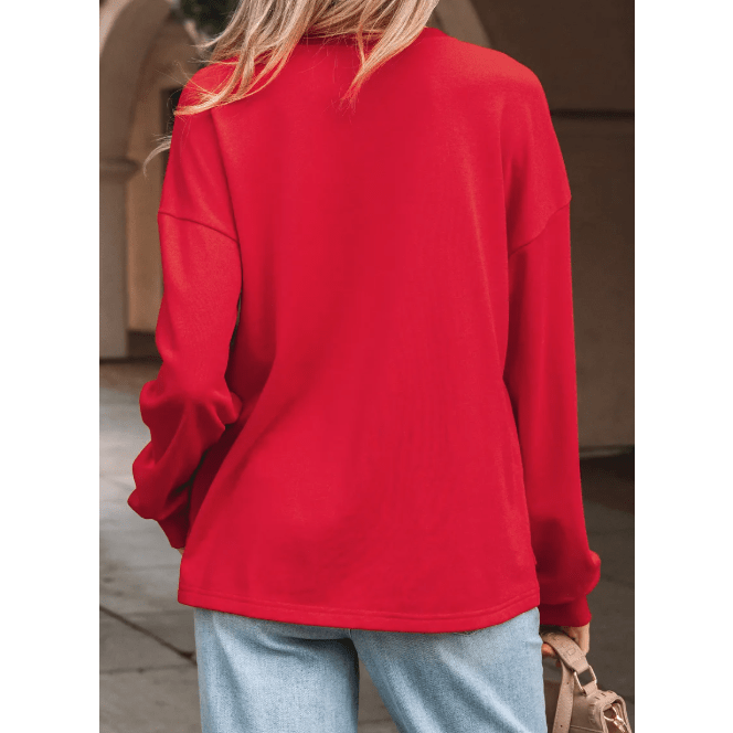 Fiery Red Plaid Frayed Double Christmas Tree Patched Drop Shoulder Sweatshirt