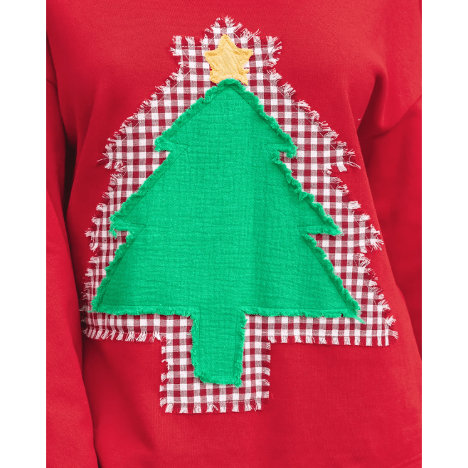 Fiery Red Plaid Frayed Double Christmas Tree Patched Drop Shoulder Sweatshirt