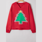 Fiery Red Plaid Frayed Double Christmas Tree Patched Drop Shoulder Sweatshirt