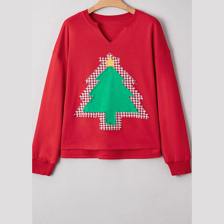Fiery Red Plaid Frayed Double Christmas Tree Patched Drop Shoulder Sweatshirt