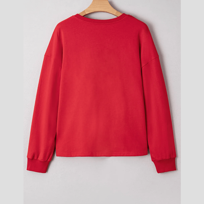 Fiery Red Plaid Frayed Double Christmas Tree Patched Drop Shoulder Sweatshirt
