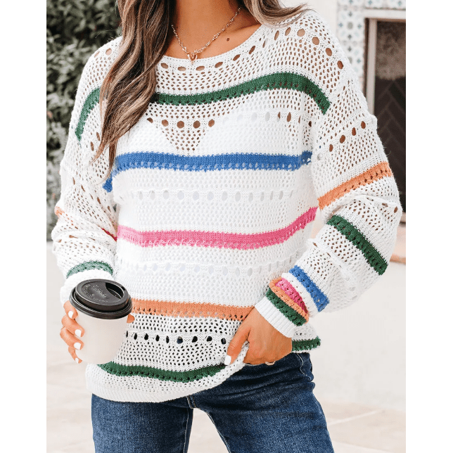 Gwenyth White Color Block Striped Pointelle Knit Sweater