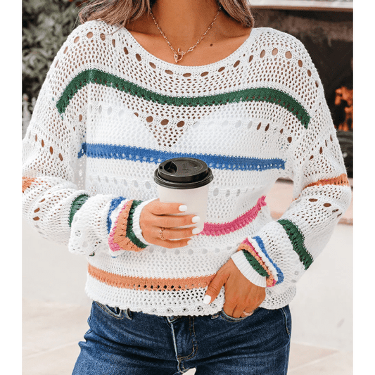 Gwenyth White Color Block Striped Pointelle Knit Sweater