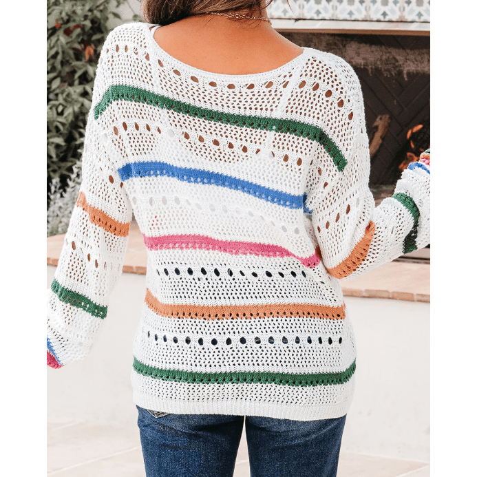Gwenyth White Color Block Striped Pointelle Knit Sweater